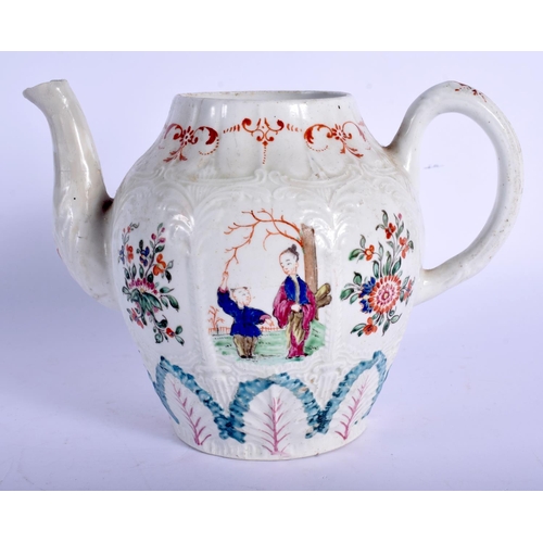 294 - Liverpool moulded teapot painted with panels of oriental figures or flowers. 13Cm high