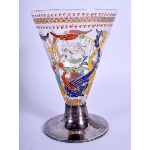 30 - AN EARLY EUROPEAN ENAMELLED GLASS CUP Probably Venetian or South German C1520, decorated with birds.... 