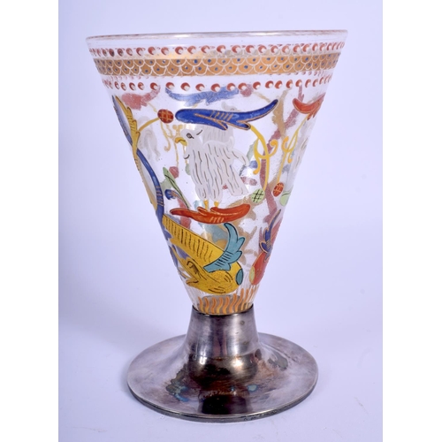 30 - AN EARLY EUROPEAN ENAMELLED GLASS CUP Probably Venetian or South German C1520, decorated with birds.... 