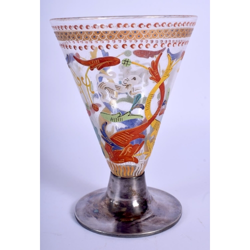 30 - AN EARLY EUROPEAN ENAMELLED GLASS CUP Probably Venetian or South German C1520, decorated with birds.... 