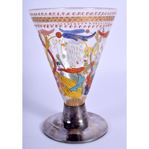 30 - AN EARLY EUROPEAN ENAMELLED GLASS CUP Probably Venetian or South German C1520, decorated with birds.... 