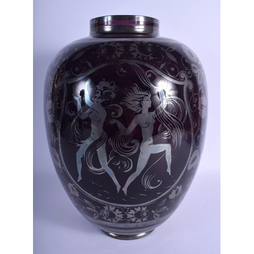 31 - A VERY LARGE HEAVY ART DECO PURPLE SILVER PAINTED GLASS VASE decorated with dancing females in vario... 