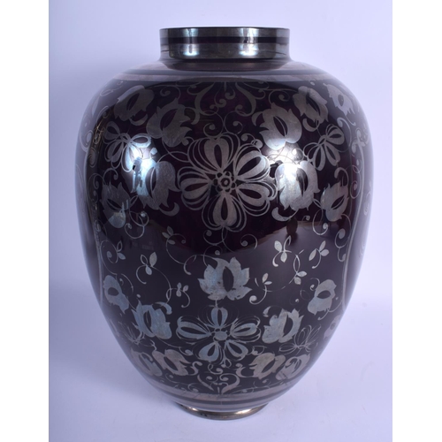 31 - A VERY LARGE HEAVY ART DECO PURPLE SILVER PAINTED GLASS VASE decorated with dancing females in vario... 