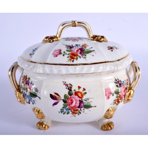 310 - Derby tureen and cover on four feet with lion head masks painted with flowers, red mark. 17cm wide