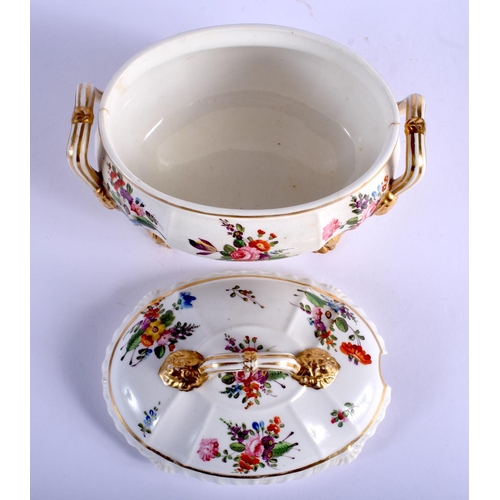 310 - Derby tureen and cover on four feet with lion head masks painted with flowers, red mark. 17cm wide