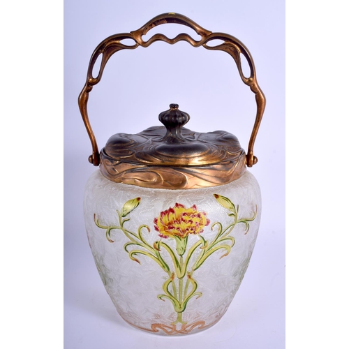 34 - A LOVELY ART NOUVEAU ENAMELLED GLASS BISCUIT BARREL probably Legras & Cie of St Denis, Paris. 27 cm ... 