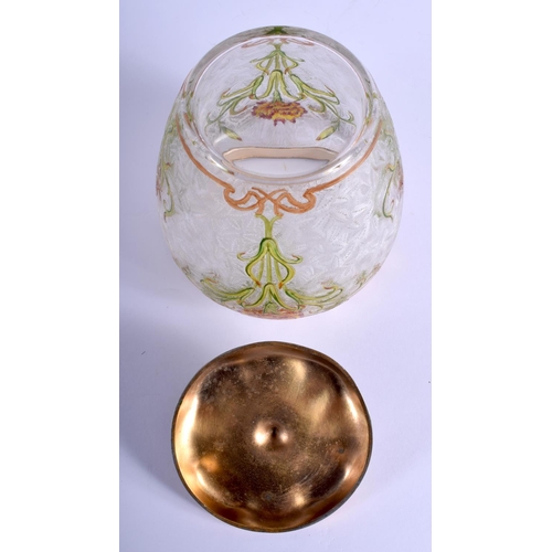 34 - A LOVELY ART NOUVEAU ENAMELLED GLASS BISCUIT BARREL probably Legras & Cie of St Denis, Paris. 27 cm ... 