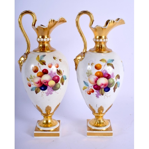 348 - 19th c. Bloor Derby pair of ewers painted with fruits by Thomas Steele, ex-Derek Gardner collection.... 