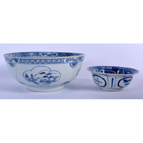 1000 - AN 18TH CENTURY CHINESE EXPORT BLUE AND WHITE BOWL Qianlong, painted with landscapes, together with ... 