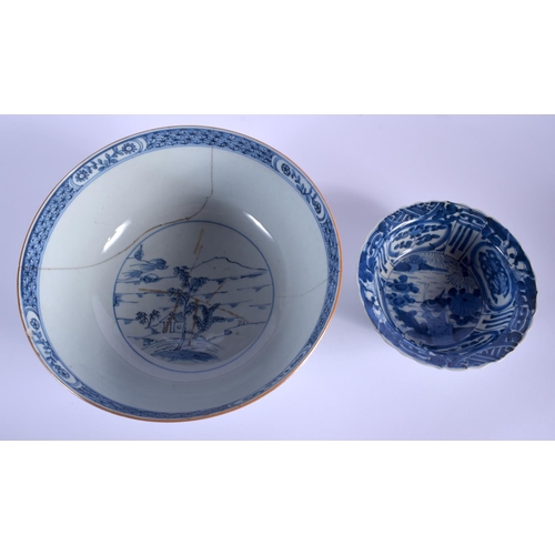 1000 - AN 18TH CENTURY CHINESE EXPORT BLUE AND WHITE BOWL Qianlong, painted with landscapes, together with ... 