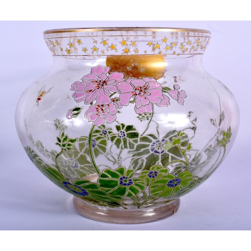 36 - AN ART NOUVEAU ENAMELLED GLASS VASE painted with foliage and bees. 18 cm x 16 cm.