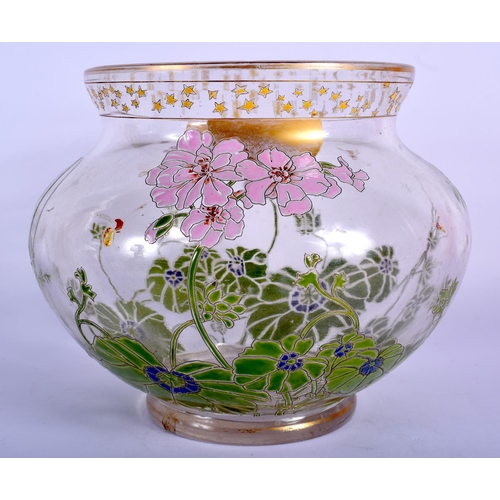 36 - AN ART NOUVEAU ENAMELLED GLASS VASE painted with foliage and bees. 18 cm x 16 cm.