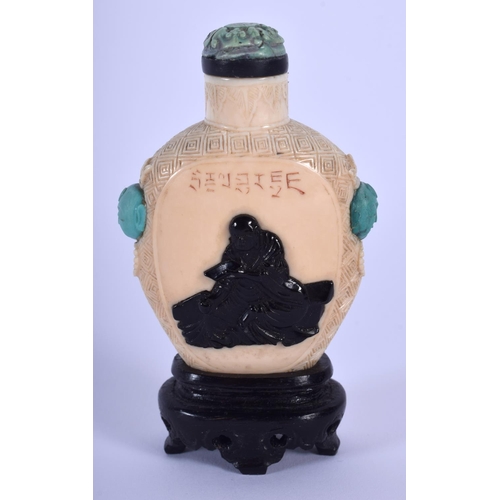 1012 - A RARE 19TH CENTURY CHINESE CARVED IVORY SNUFF BOTTLE AND STOPPER possibly embellished in Japan with... 