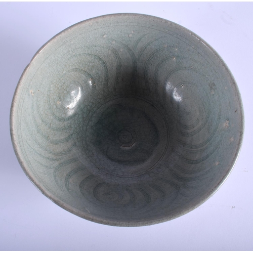 1019 - A CHINESE YUAN/MING DYNASTY STONEWARE BOWL Sung style, incised with foliage and motifs. 19 cm x 10 c... 