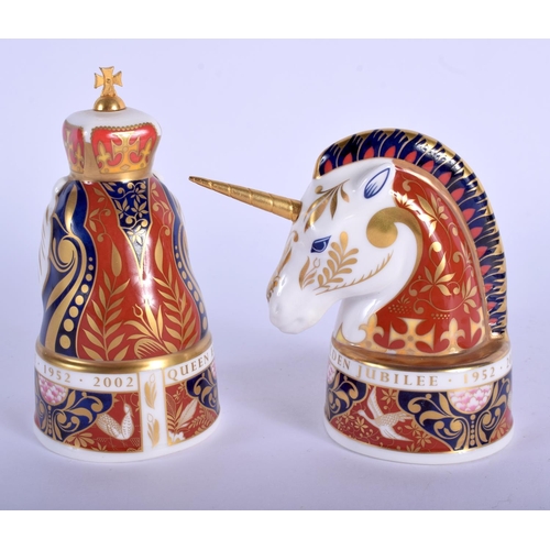 389 - Royal Worcester Golden Jubilee Lion and Unicorn candle snuffers. 10.5cm high