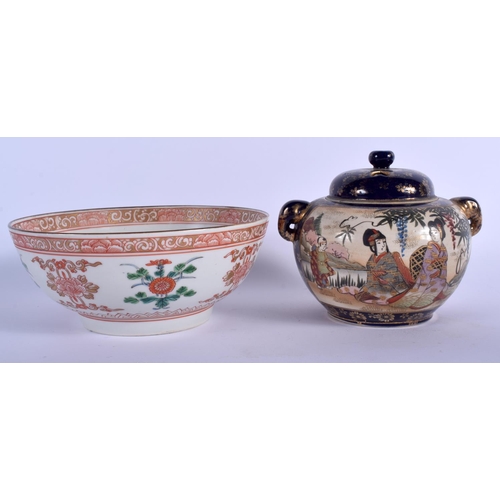 1031 - A 19TH CENTURY JAPANESE MEIJI PERIOD IMARI BOWL together with a satsuma censer & cover. Largest 16.5... 