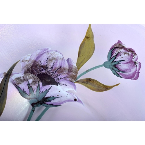 1 - A LOVELY EUROPEAN IRIDESCENT GLASS DISH decorated with dragonflies and foliage. 33 cm diameter.