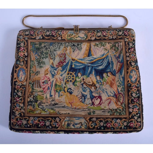 408 - AN EARLY 20TH CENTURY EUROPEAN GILT METAL ENAMEL NEEDLEPOINT PURSE of unusually fine quality. 20 cm ... 