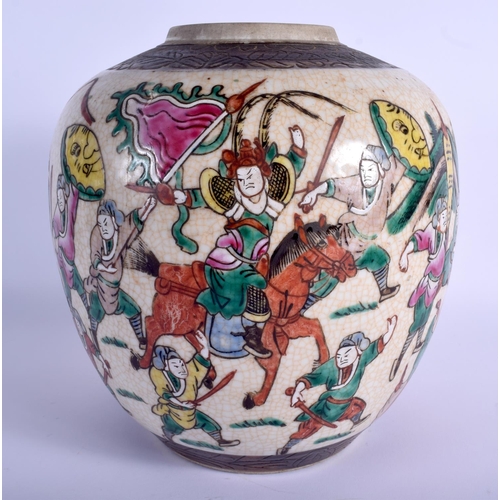 1035 - A LARGE 19TH CENTURY CHINESE CRACKLED GLAZED FAMILLE VERTE GINGER JAR Late Qing. 25 cm x 15 cm.