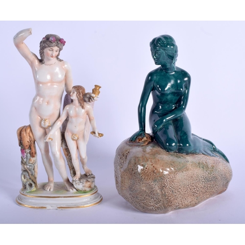 104 - AN ITALIAN NAPLES PORCELAIN FIGURE together with a Copenhagen mermaid. Largest 19 cm x 12 cm. (2)