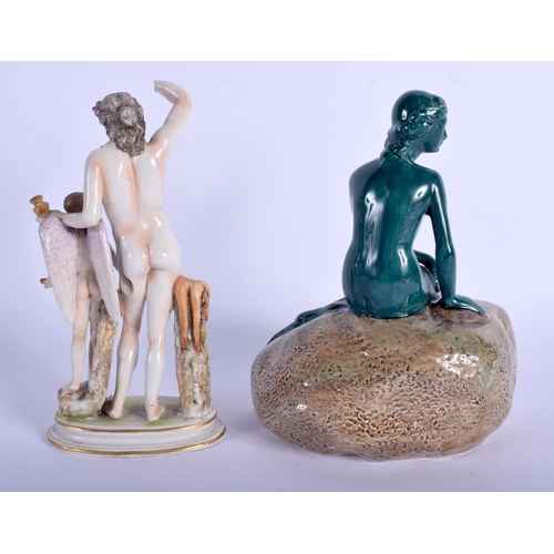 104 - AN ITALIAN NAPLES PORCELAIN FIGURE together with a Copenhagen mermaid. Largest 19 cm x 12 cm. (2)