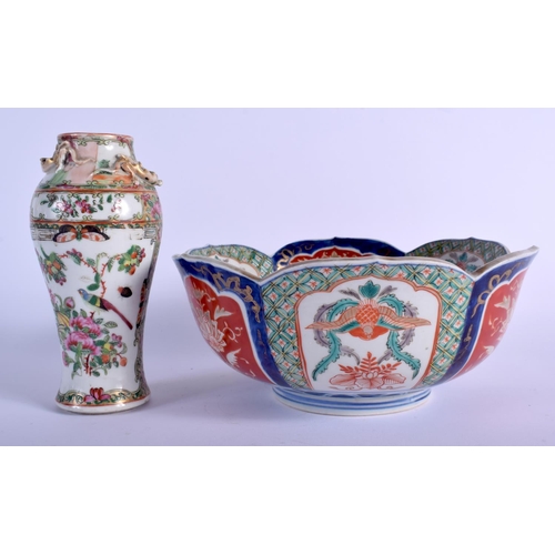 1043 - A 19TH CENTURY JAPANESE MEIJI PERIOD IMARI BOWL together with a canton famille rose vase. Largest 22... 