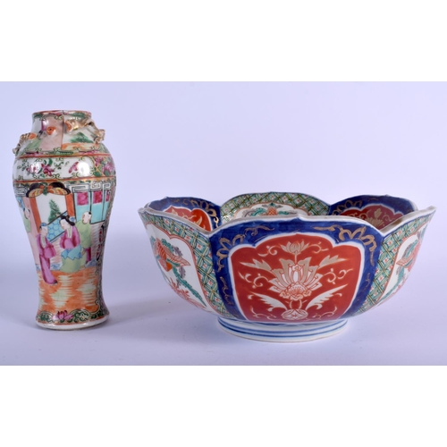 1043 - A 19TH CENTURY JAPANESE MEIJI PERIOD IMARI BOWL together with a canton famille rose vase. Largest 22... 