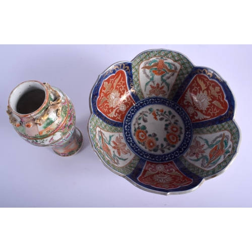 1043 - A 19TH CENTURY JAPANESE MEIJI PERIOD IMARI BOWL together with a canton famille rose vase. Largest 22... 