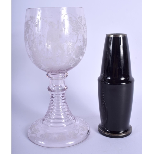 42 - AN EARLY 20TH CENTURY BOHEMIAN GLASS GOBLET together with a silver painted glass vase. Largest 21.5 ... 