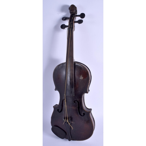 427 - AN ANTIQUE TWO PIECE BACK VIOLIN with animal terminal, together with two bows. 59 cm long.