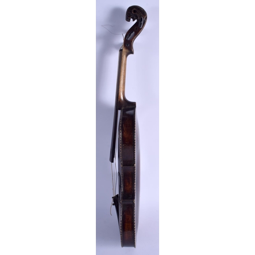 427 - AN ANTIQUE TWO PIECE BACK VIOLIN with animal terminal, together with two bows. 59 cm long.