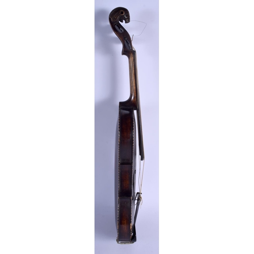 427 - AN ANTIQUE TWO PIECE BACK VIOLIN with animal terminal, together with two bows. 59 cm long.