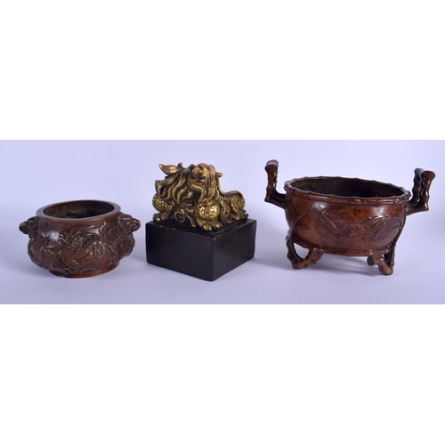 1053 - A CHINESE TWIN HANDLED BAMBOO FORM BRONZE CENSER 20th Century, together with a censer & seal. Larges... 