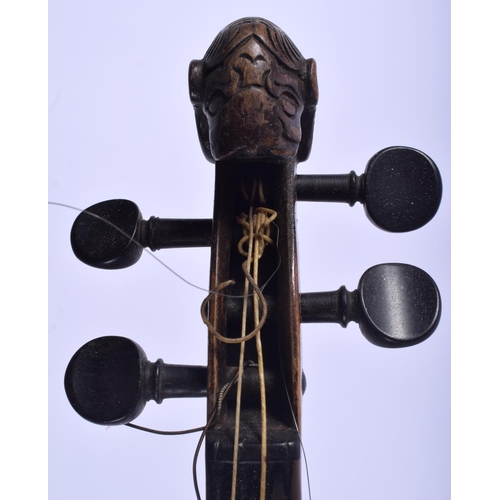 427 - AN ANTIQUE TWO PIECE BACK VIOLIN with animal terminal, together with two bows. 59 cm long.