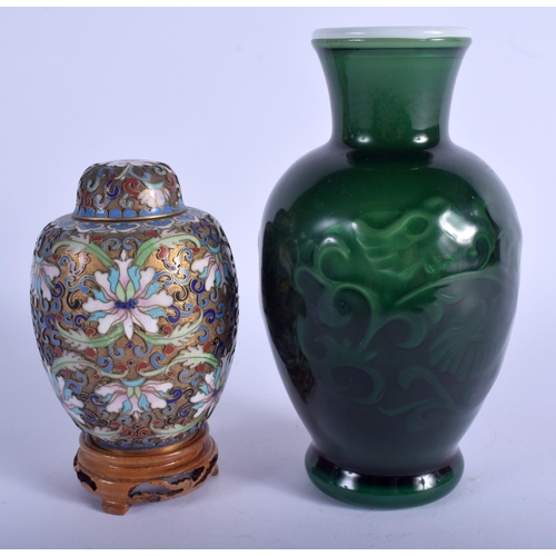 1056 - AN EARLY 20TH CENTURY CHINESE CLOISONNE ENAMEL VASE AND COVER together with a Peking style vase. Lar... 