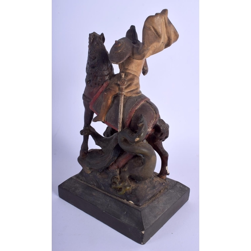 431 - AN ANTIQUE EUROPEAN POLYCHROMED WOOD FIGURE OF SAINT GEORGE AND THE DRAGON modelled upon a wooden pl... 