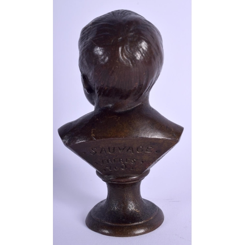 433 - A 19TH CENTURY FRENCH BRONZE BUST OF A SCOWLING BABY Sauvage Freres, Debraux. 10 cm x 4.5 cm.