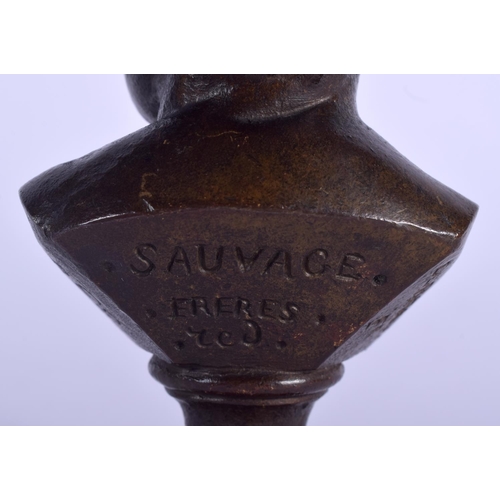 433 - A 19TH CENTURY FRENCH BRONZE BUST OF A SCOWLING BABY Sauvage Freres, Debraux. 10 cm x 4.5 cm.