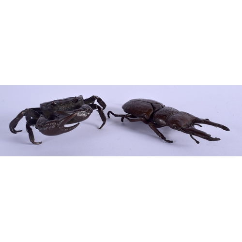 1064 - A JAPANESE STAG BEETLE OKIMONO together with a bronze crab. Largest 14 cm x 5 cm. (2)