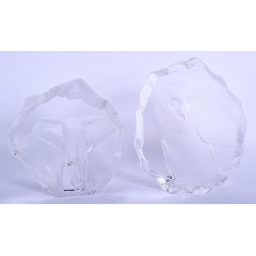 44 - A PAIR OF MATS JONASSON SWEDISH LEAD CRYSTAL GLASS BOOK ENDS. 16 cm x 11 cm.