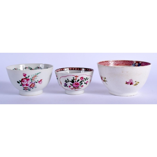 1065 - THREE 18TH CENTURY CHINESE EXPORT FAMILLE ROSE TEA BOWLS Qianlong. Largest 9 cm diameter. (3)