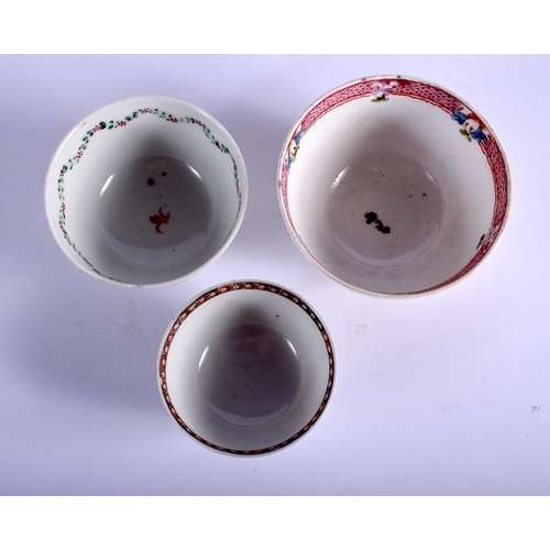 1065 - THREE 18TH CENTURY CHINESE EXPORT FAMILLE ROSE TEA BOWLS Qianlong. Largest 9 cm diameter. (3)