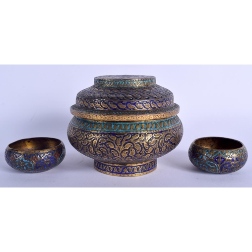 440 - A 19TH CENTURY INDIAN GOLD GILDED ENAMEL BRONZE BOX AND COVER together with a matching pair of bowls... 