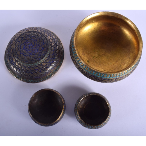 440 - A 19TH CENTURY INDIAN GOLD GILDED ENAMEL BRONZE BOX AND COVER together with a matching pair of bowls... 