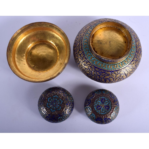 440 - A 19TH CENTURY INDIAN GOLD GILDED ENAMEL BRONZE BOX AND COVER together with a matching pair of bowls... 