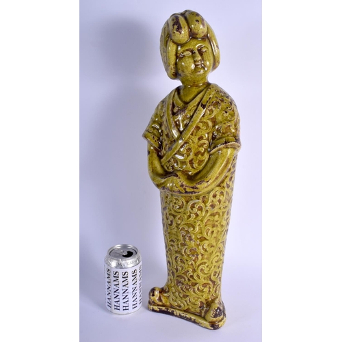 107 - A LARGE 19TH CENTURY FRENCH POTTERY FIGURE OF A GEISHA modelled in flowing robes. 50 cm x 13 cm.