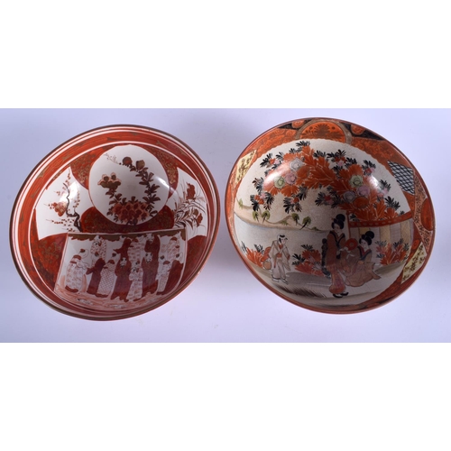 1075 - TWO 19TH CENTURY JAPANESE MEIJI PERIOD KUTANI BOWLS painted with figures. 23 cm diameter. (2)