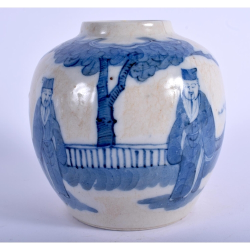 1081 - A 19TH CENTURY CHINESE BLUE AND WHITE PORCELAIN GINGER JAR Qing, painted with figures. 14 cm x 10 cm... 