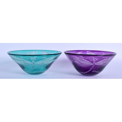 46 - Julia Linstead, Pair of glass bowls, Dragonflies. 14.5 cm diameter.