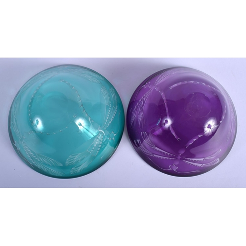 46 - Julia Linstead, Pair of glass bowls, Dragonflies. 14.5 cm diameter.